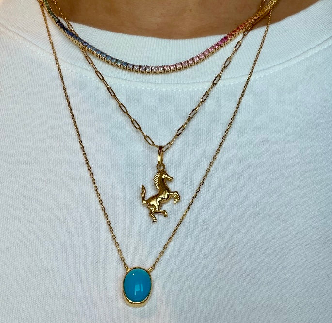 18k full gold horse on 18k gold paperclip chain