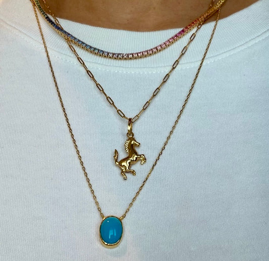 18k full gold horse on 18k gold paperclip chain